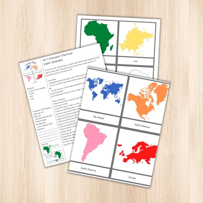 Geography is such a beautiful and visual subject! This set of 3-part cards will make it a lot easier for children to recognize and learn the names and shapes of the 7 continents. It also includes the cards with the world and a detailed step by step lesson plan.