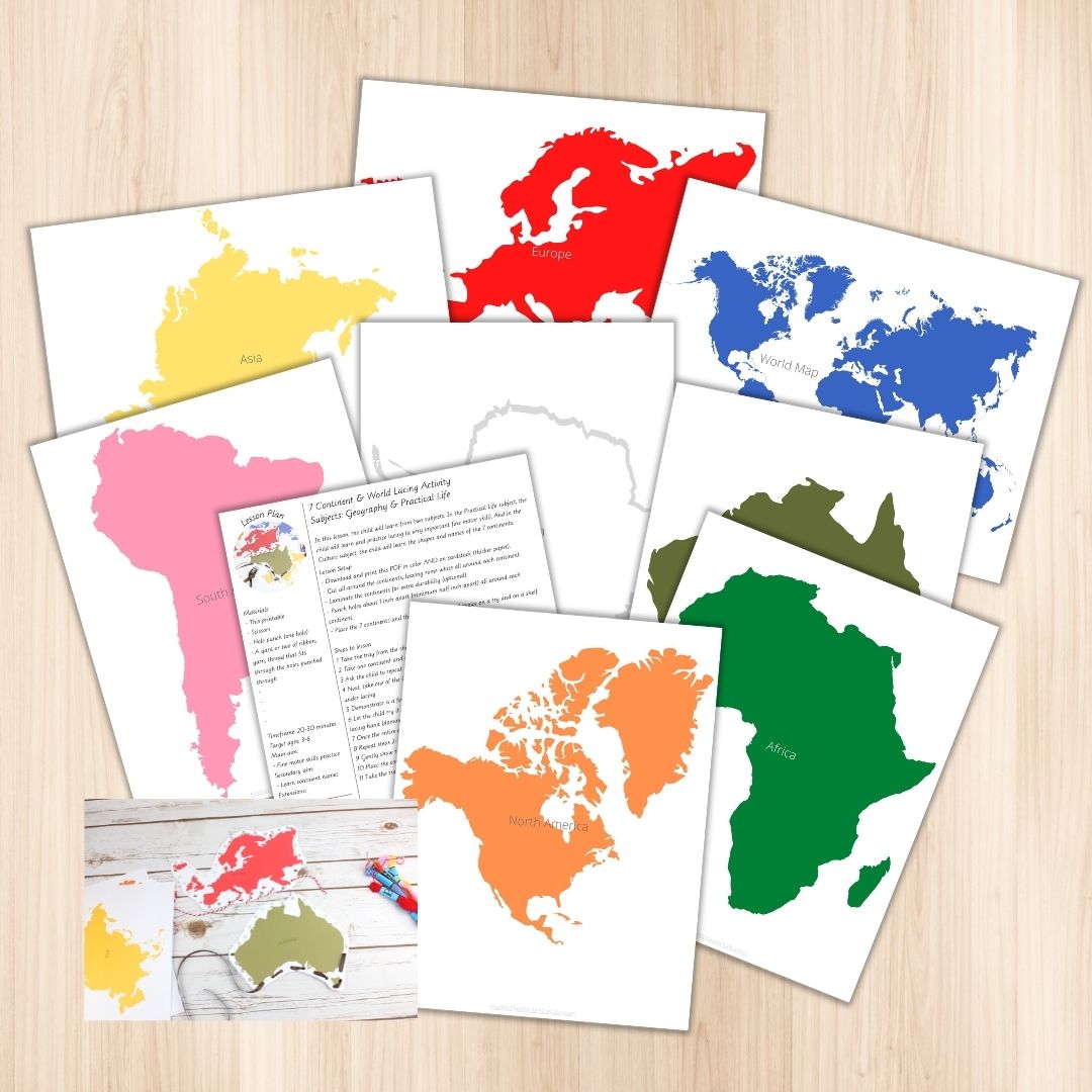 Are you interested in combining two Montessori subjects into one activity? Then this is perfect for that! With this continent lacing activity, the child will practice fine motor skills (as part of Montessori Practical Life) as well as learn the shapes and names of the 7 continents and the world. It includes a details step by step lesson plan.